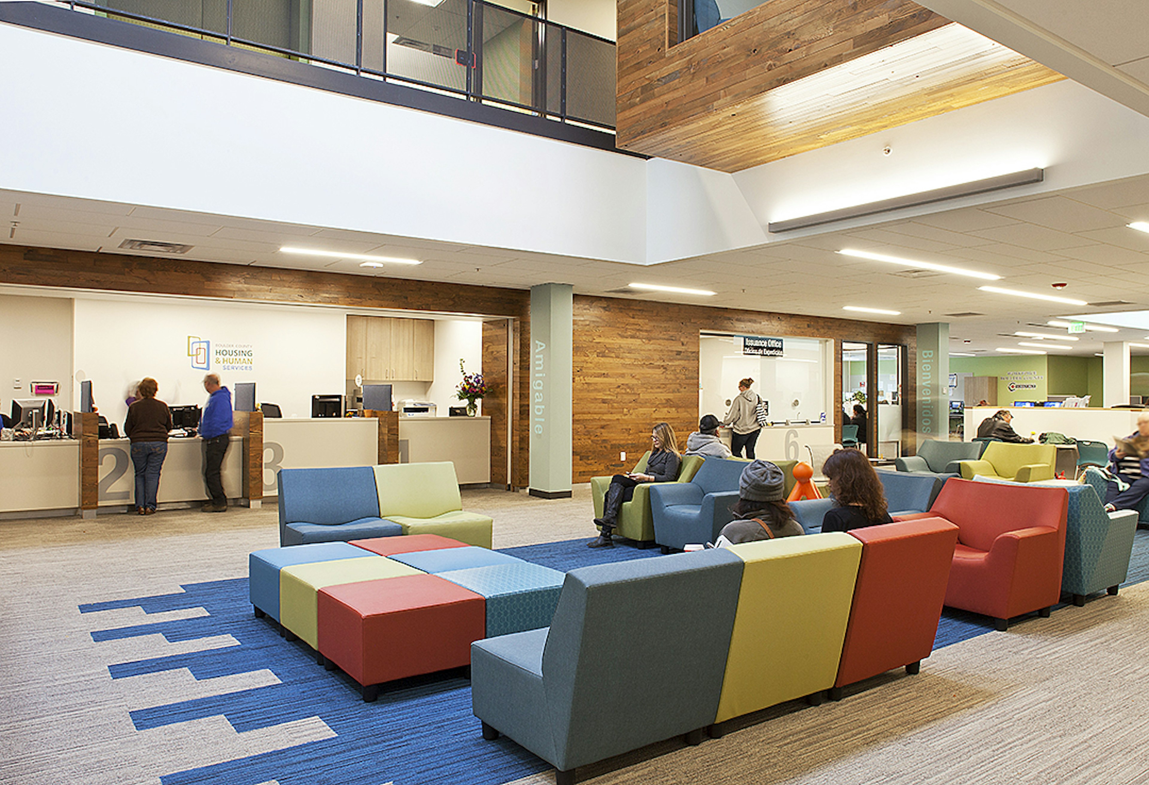 First floor of Coffman building. Front desk and bright chairs.