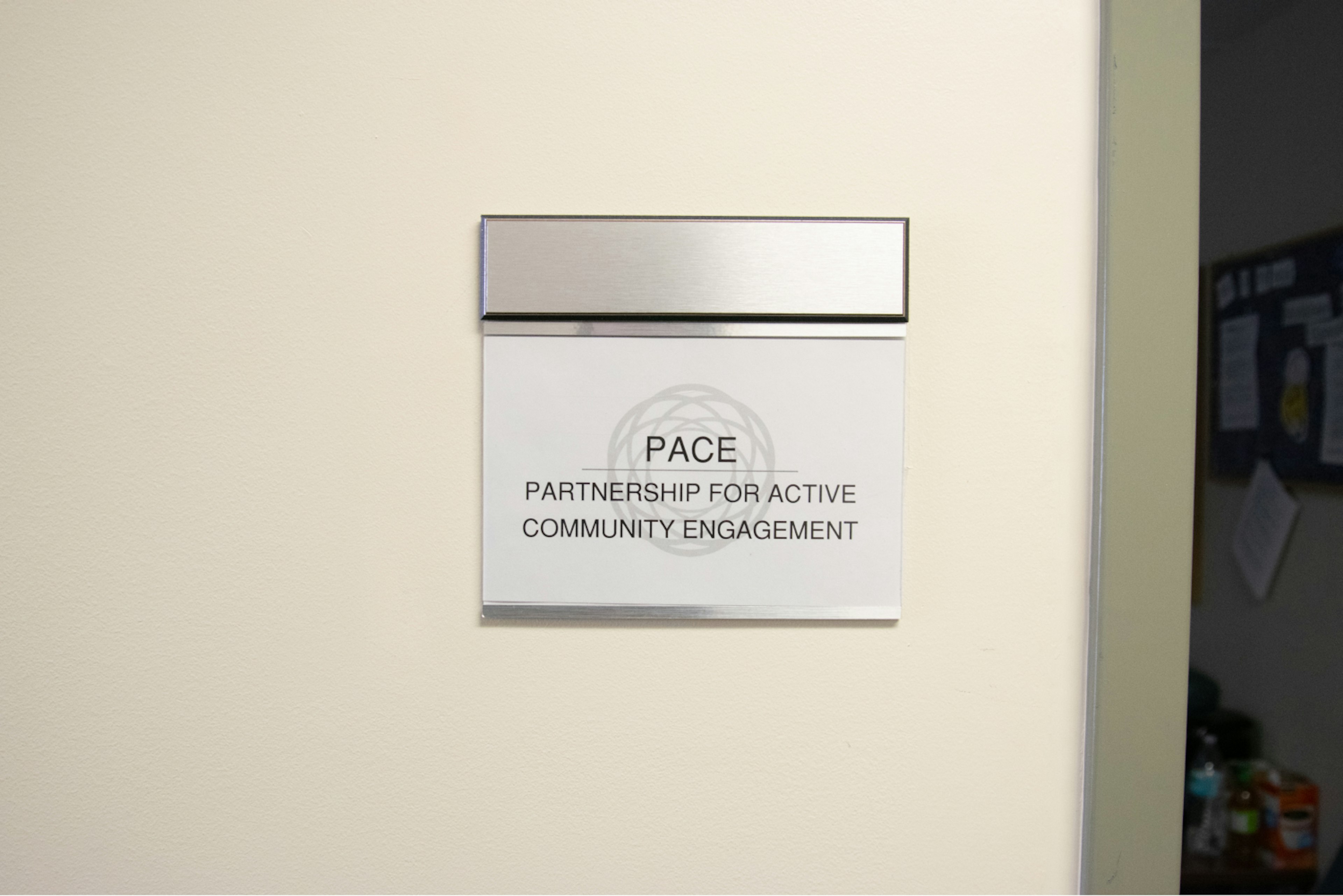 PACE: Partnership for Active Community Engagement door sign.