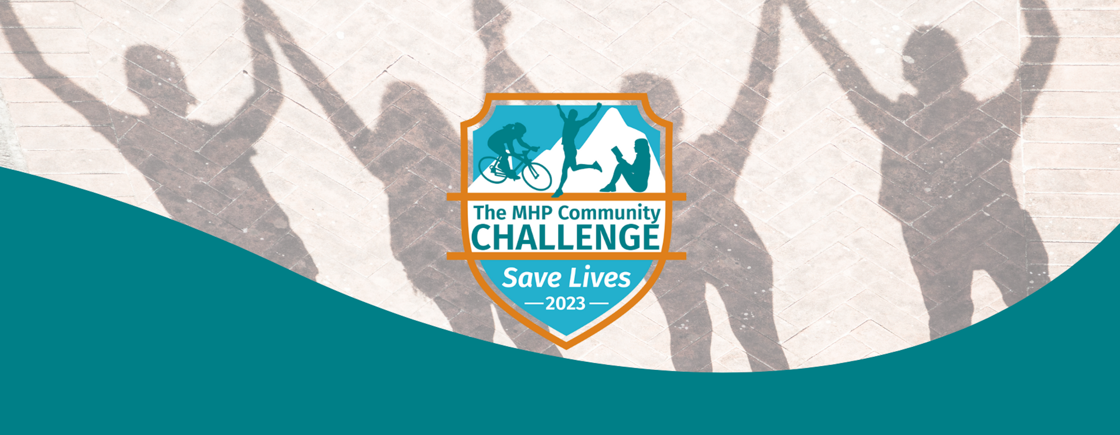 Help Save Lives Join the Challenge: Shadows of people holding hands. MHP Community challenge logo.
