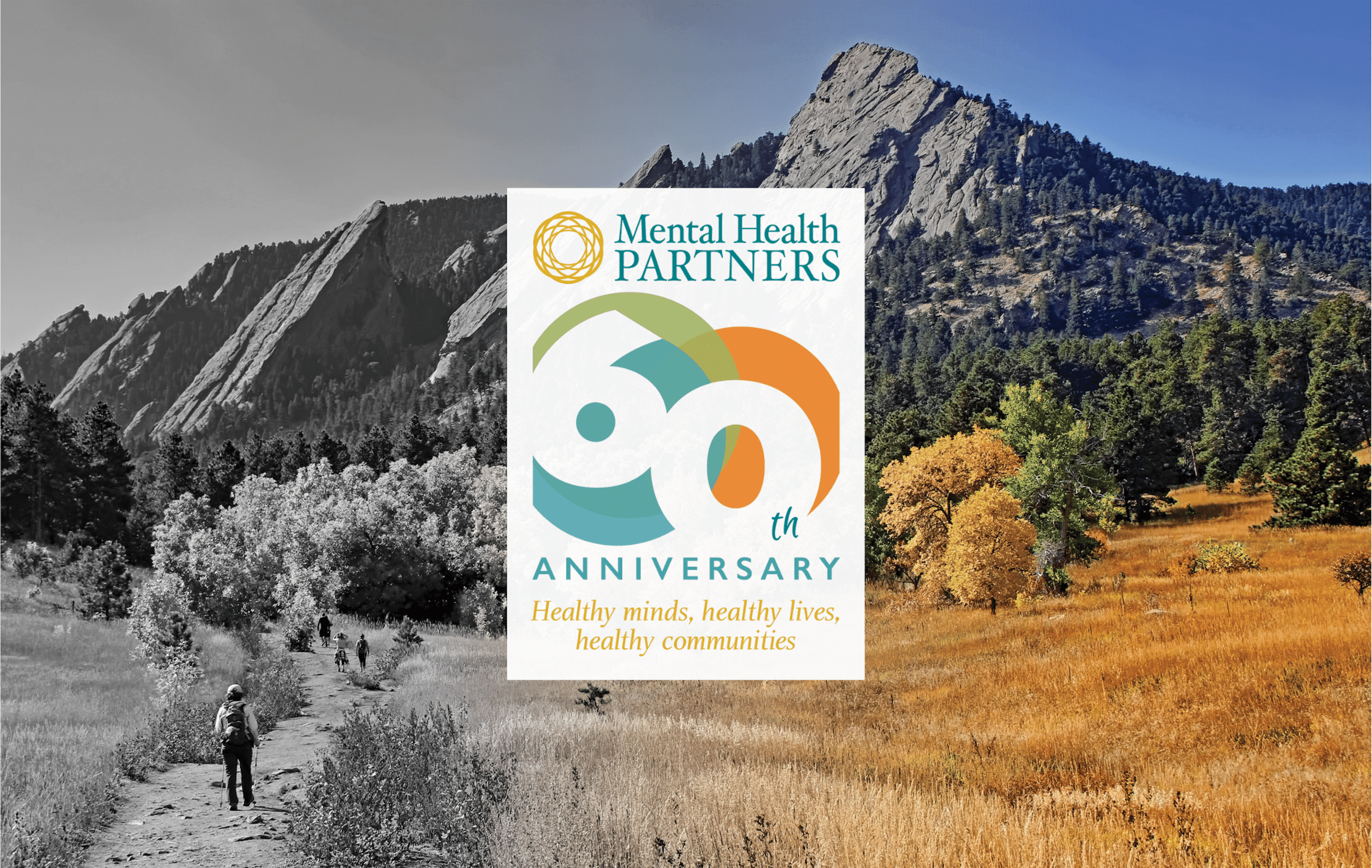 Photo of the Flatirons going from black and white to color. Mental Health Partners logo with 60th Anniversary 