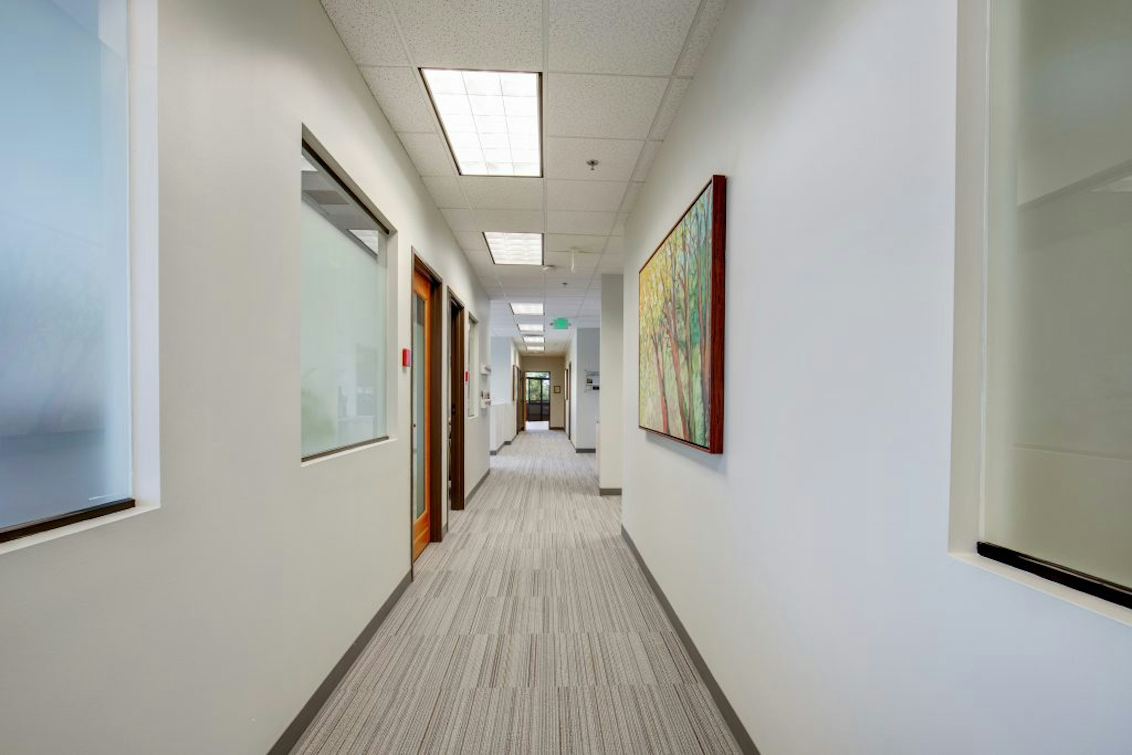 Hallway in moving beyond trauma. Carpeted floors, beige walls, and painted tree art hung on wall.