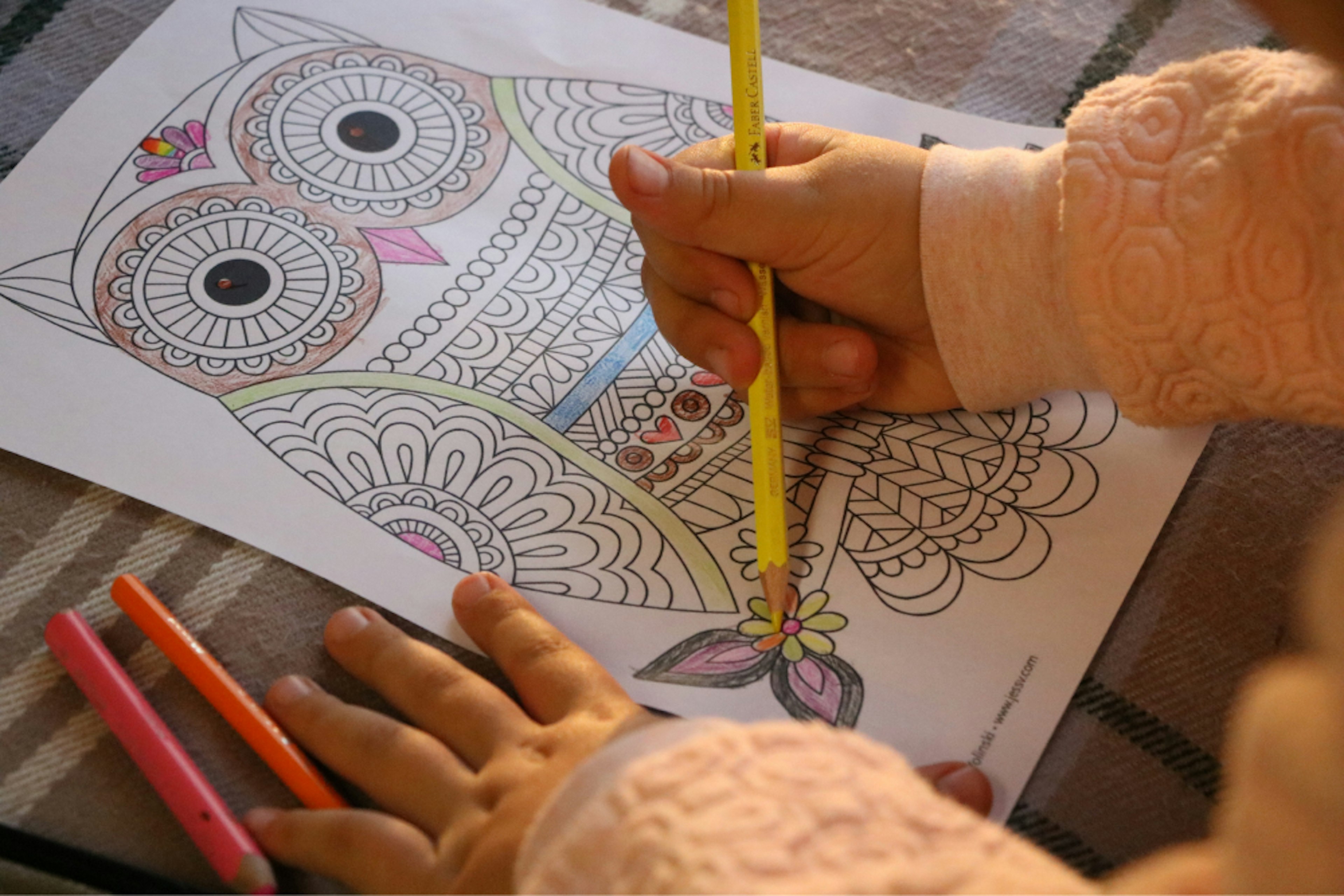 Child coloring in owl outline coloring page.