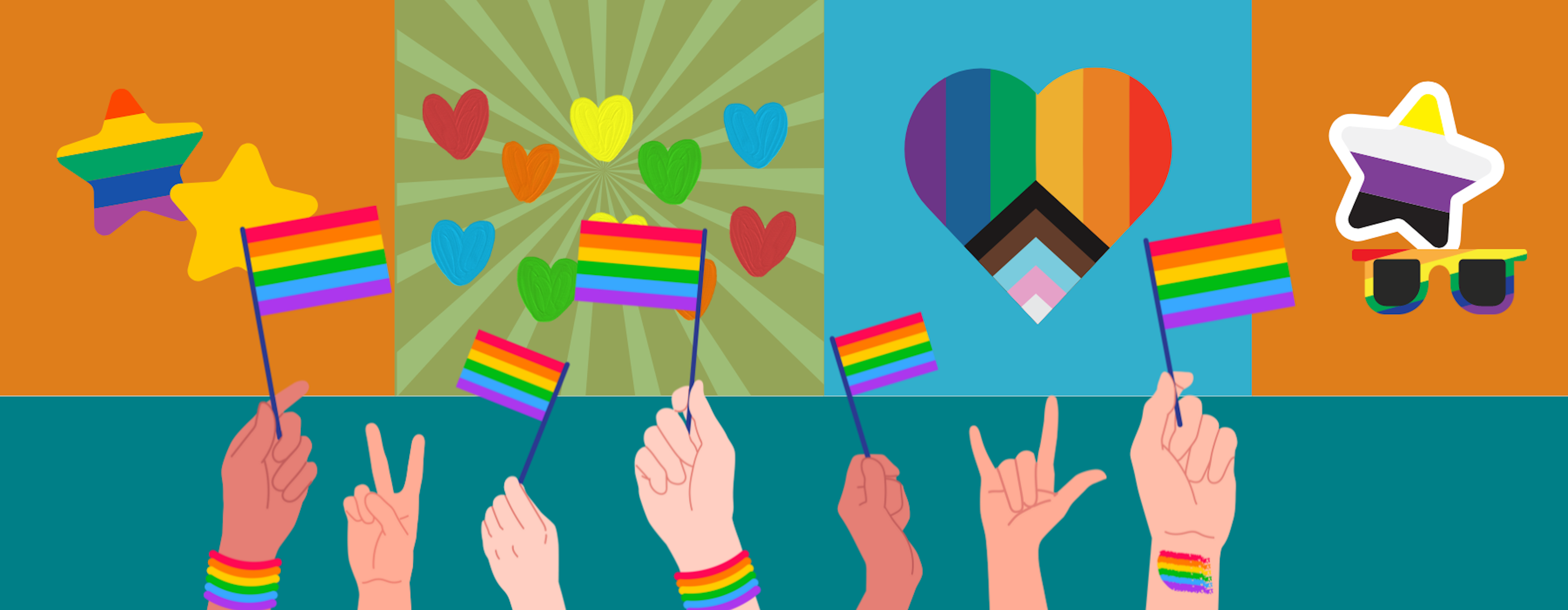 Illustrated image of hands holding pride flags