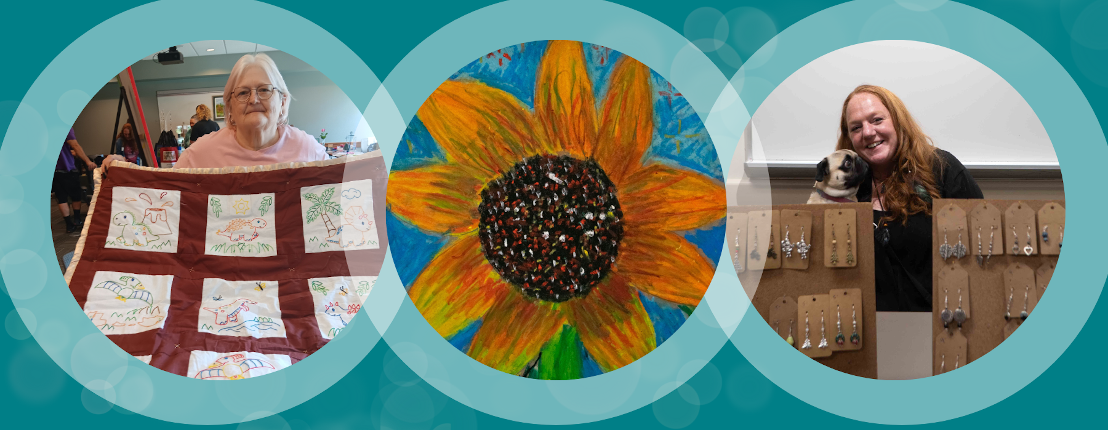 Three circles. One with a woman and quilt, another with a painted sunflower a third with handmade jewelry.
