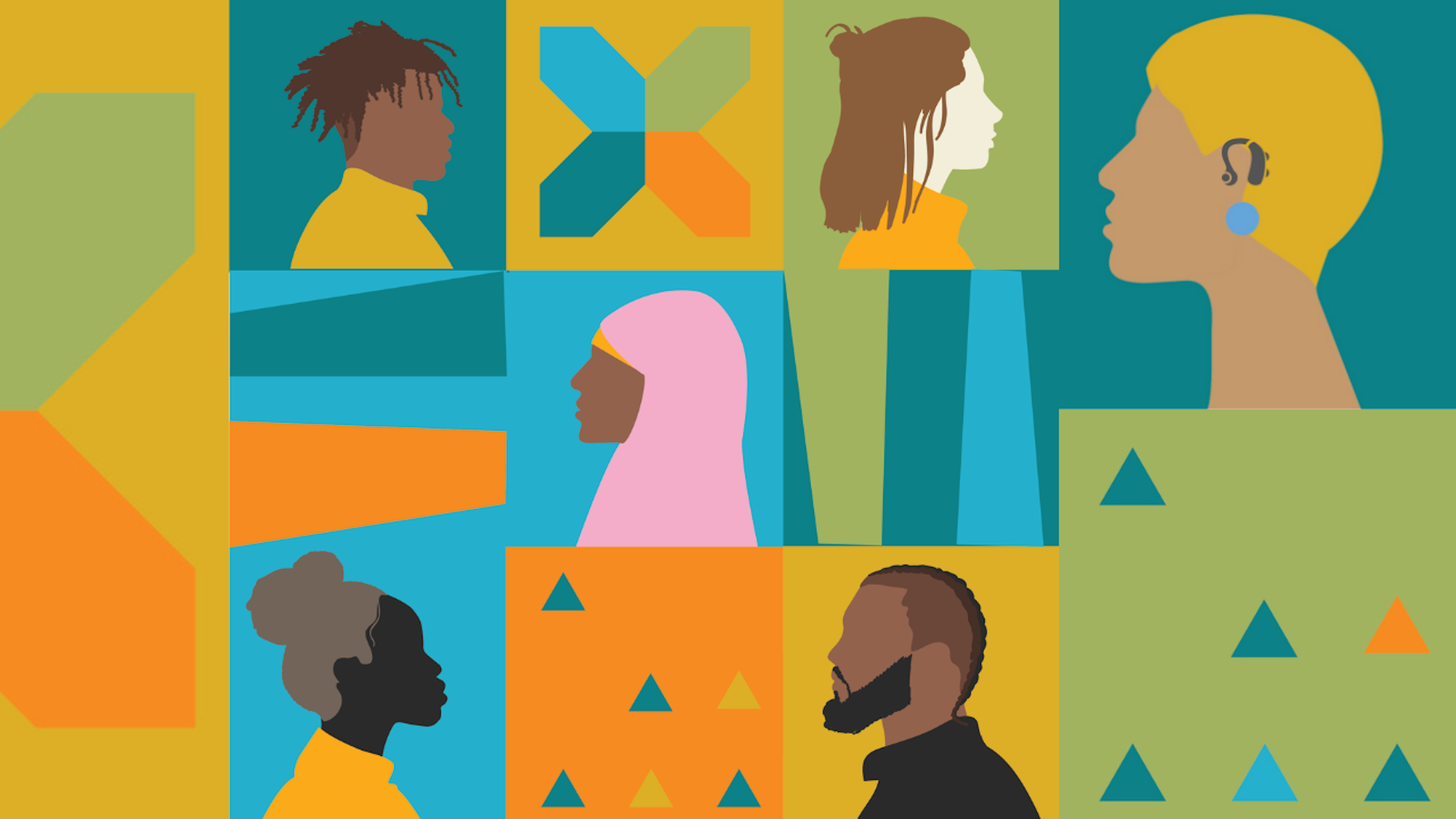 Quilt like image with colorful blocks with geometric shapes and profiles of people in the BIPOC community.